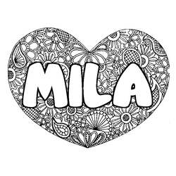 Coloraci&oacute;n del nombre MILA - decorado mandala de coraz&oacute;n