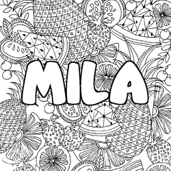 Coloraci&oacute;n del nombre MILA - decorado mandala de frutas
