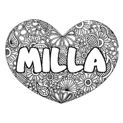 Coloraci&oacute;n del nombre MILLA - decorado mandala de coraz&oacute;n