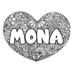 Coloraci&oacute;n del nombre MONA - decorado mandala de coraz&oacute;n