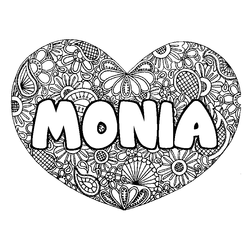 Coloraci&oacute;n del nombre MONIA - decorado mandala de coraz&oacute;n