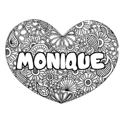 Coloraci&oacute;n del nombre MONIQUE - decorado mandala de coraz&oacute;n