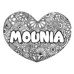 Coloraci&oacute;n del nombre MOUNIA - decorado mandala de coraz&oacute;n