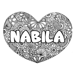 Coloraci&oacute;n del nombre NABILA - decorado mandala de coraz&oacute;n