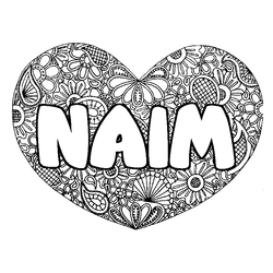 Coloraci&oacute;n del nombre NAIM - decorado mandala de coraz&oacute;n