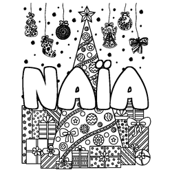 Coloraci&oacute;n del nombre NA&Iuml;A - decorado &aacute;rbol de Navidad y regalos