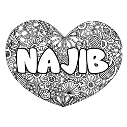 Coloraci&oacute;n del nombre NAJIB - decorado mandala de coraz&oacute;n