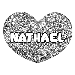 Coloraci&oacute;n del nombre NATHA&Euml;L - decorado mandala de coraz&oacute;n
