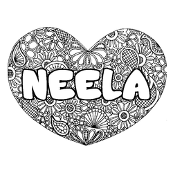 Coloraci&oacute;n del nombre NEELA - decorado mandala de coraz&oacute;n