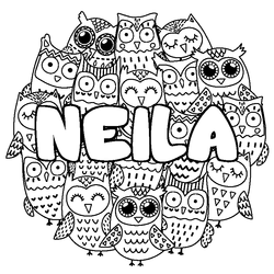 Coloraci&oacute;n del nombre NEILA - decorado b&uacute;hos