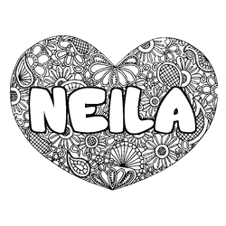 Coloraci&oacute;n del nombre NEILA - decorado mandala de coraz&oacute;n