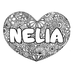 Coloraci&oacute;n del nombre NELIA - decorado mandala de coraz&oacute;n