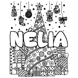 Coloraci&oacute;n del nombre N&Eacute;LIA - decorado &aacute;rbol de Navidad y regalos