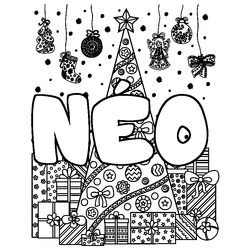 Coloraci&oacute;n del nombre N&Eacute;O - decorado &aacute;rbol de Navidad y regalos