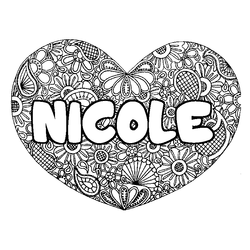 Coloraci&oacute;n del nombre NICOLE - decorado mandala de coraz&oacute;n