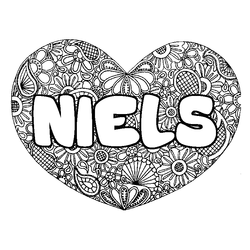 Coloraci&oacute;n del nombre NIELS - decorado mandala de coraz&oacute;n