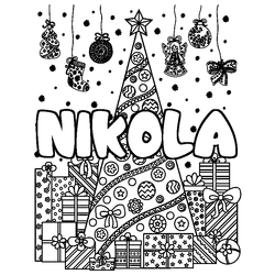 Coloraci&oacute;n del nombre NIKOLA - decorado &aacute;rbol de Navidad y regalos