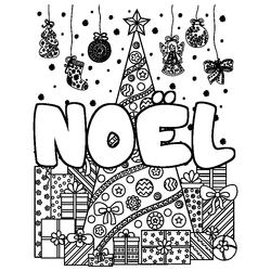 Coloraci&oacute;n del nombre NO&Euml;L - decorado &aacute;rbol de Navidad y regalos