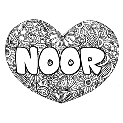 Coloraci&oacute;n del nombre NOOR - decorado mandala de coraz&oacute;n
