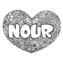 Coloraci&oacute;n del nombre NOUR - decorado mandala de coraz&oacute;n