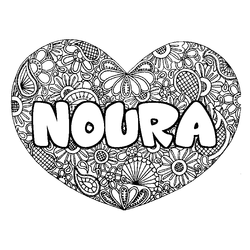Coloraci&oacute;n del nombre NOURA - decorado mandala de coraz&oacute;n