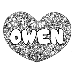Coloraci&oacute;n del nombre OWEN - decorado mandala de coraz&oacute;n