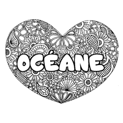 Coloraci&oacute;n del nombre OC&Eacute;ANE - decorado mandala de coraz&oacute;n