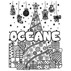 Coloraci&oacute;n del nombre OC&Eacute;ANE - decorado &aacute;rbol de Navidad y regalos