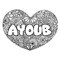 Coloraci&oacute;n del nombre AYOUB - decorado mandala de coraz&oacute;n