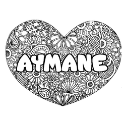 Coloraci&oacute;n del nombre AYMANE - decorado mandala de coraz&oacute;n