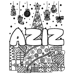 Coloraci&oacute;n del nombre AZIZ - decorado &aacute;rbol de Navidad y regalos