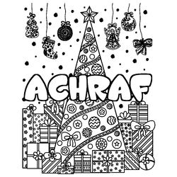 Coloraci&oacute;n del nombre ACHRAF - decorado &aacute;rbol de Navidad y regalos