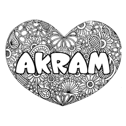 Coloraci&oacute;n del nombre AKRAM - decorado mandala de coraz&oacute;n