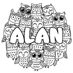 Coloraci&oacute;n del nombre ALAN - decorado b&uacute;hos