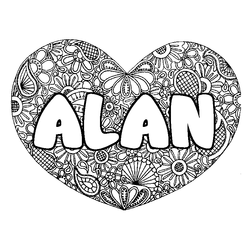 Coloraci&oacute;n del nombre ALAN - decorado mandala de coraz&oacute;n