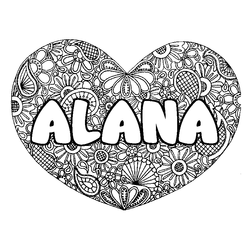Coloraci&oacute;n del nombre ALANA - decorado mandala de coraz&oacute;n