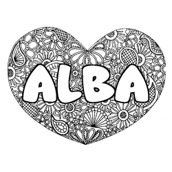 Coloraci&oacute;n del nombre ALBA - decorado mandala de coraz&oacute;n
