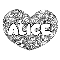 Coloraci&oacute;n del nombre ALICE - decorado mandala de coraz&oacute;n