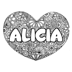 Coloraci&oacute;n del nombre ALICIA - decorado mandala de coraz&oacute;n