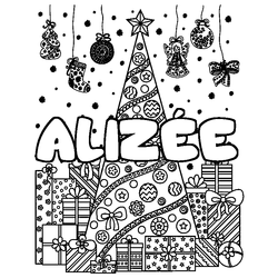 Coloraci&oacute;n del nombre ALIZ&Eacute;E - decorado &aacute;rbol de Navidad y regalos