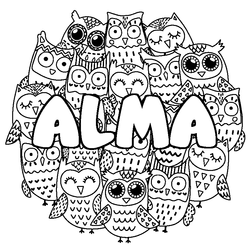 Coloraci&oacute;n del nombre ALMA - decorado b&uacute;hos