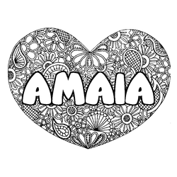 Coloraci&oacute;n del nombre AMAIA - decorado mandala de coraz&oacute;n