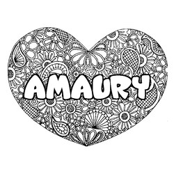 Coloraci&oacute;n del nombre AMAURY - decorado mandala de coraz&oacute;n