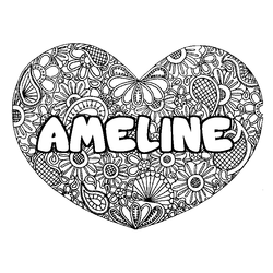 Coloraci&oacute;n del nombre AMELINE - decorado mandala de coraz&oacute;n