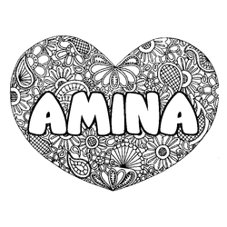 Coloraci&oacute;n del nombre AMINA - decorado mandala de coraz&oacute;n