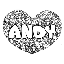 Coloraci&oacute;n del nombre ANDY - decorado mandala de coraz&oacute;n