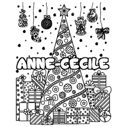 Coloraci&oacute;n del nombre ANNE-C&Eacute;CILE - decorado &aacute;rbol de Navidad y regalos