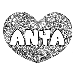 Coloraci&oacute;n del nombre ANYA - decorado mandala de coraz&oacute;n