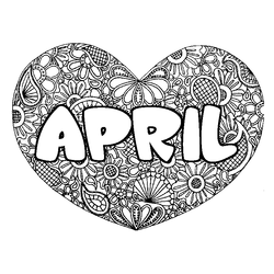 Coloraci&oacute;n del nombre APRIL - decorado mandala de coraz&oacute;n