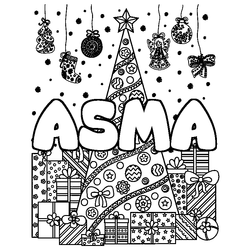 Coloraci&oacute;n del nombre ASMA - decorado &aacute;rbol de Navidad y regalos